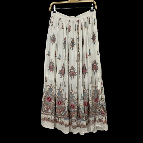 Royal Paisley Gypsy Embroidered Floral Maxi Skirt L White Boho Hippie Rhinestone - Picture 2 of 10